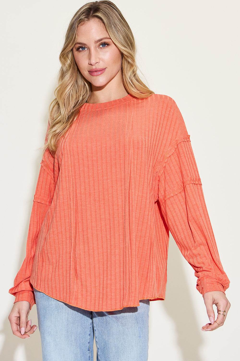 Basic Bae Full Size Ribbed Round Neck Long Sleeve T-Shirt - Delanoir