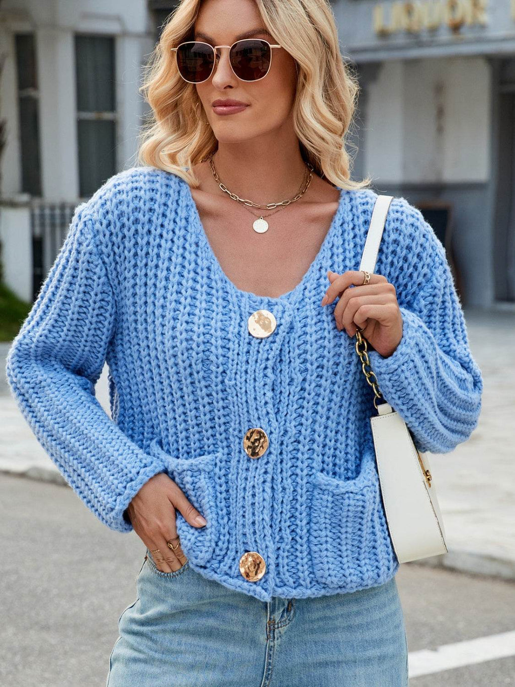 Round Neck Button Up Cardigan with Pockets - Delanoir