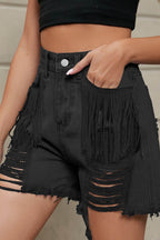 Fringe Trim Distressed Denim Shorts with Pockets - Delanoir