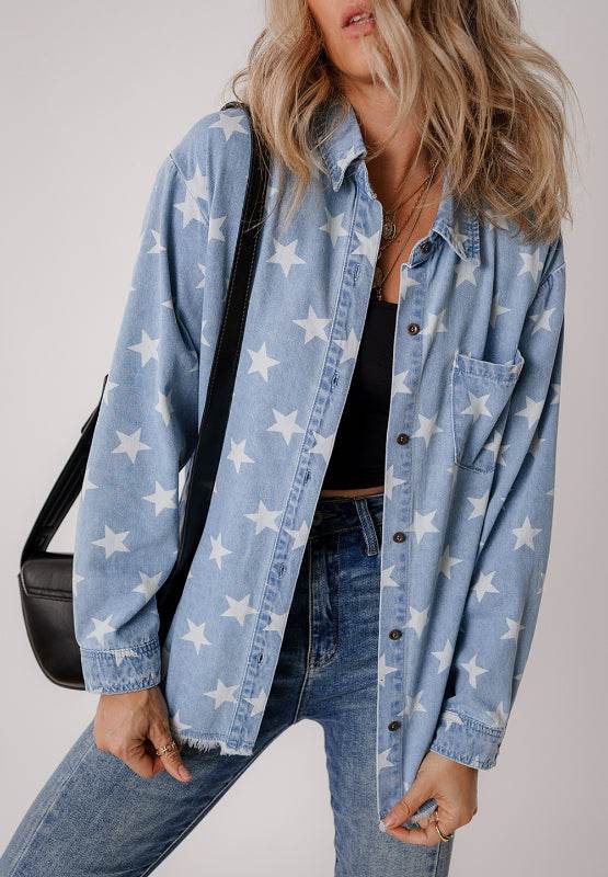 Raw Hem Star Collared Neck Denim Top - Delanoir