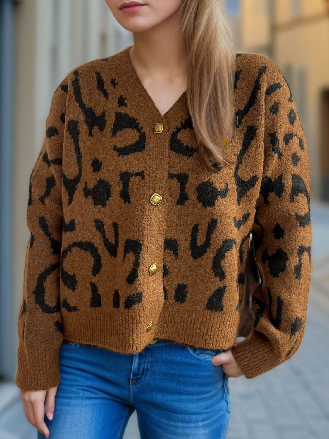 Leopard V-Neck Button Up Cardigan - Delanoir