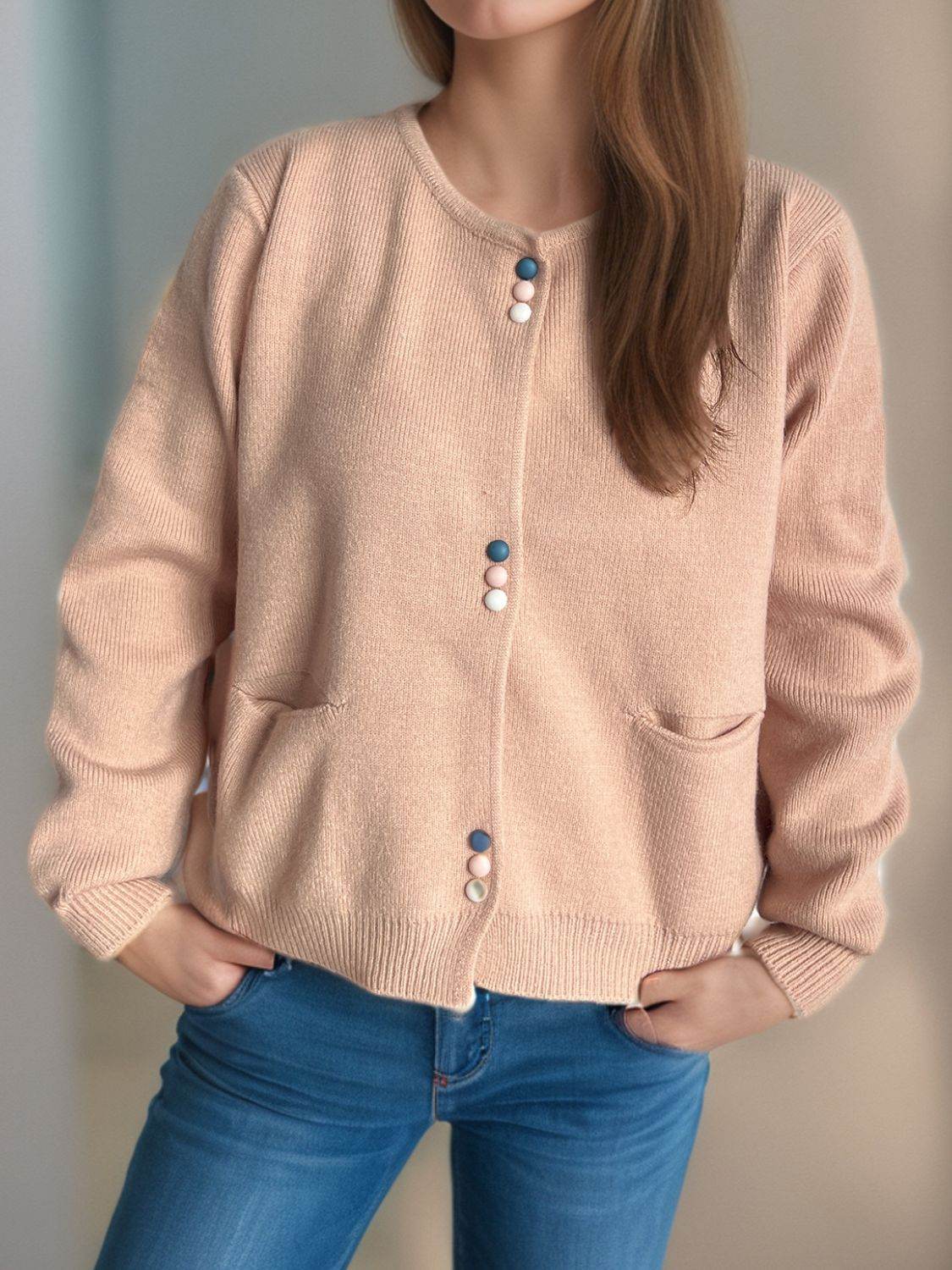 Button Down Long Sleeve Cardigan with Pockets - Delanoir