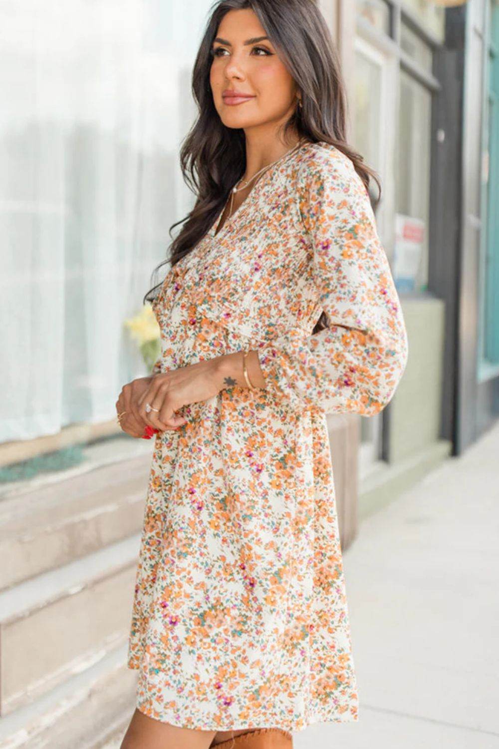 Printed V-Neck Balloon Sleeve Mini Dress - Delanoir