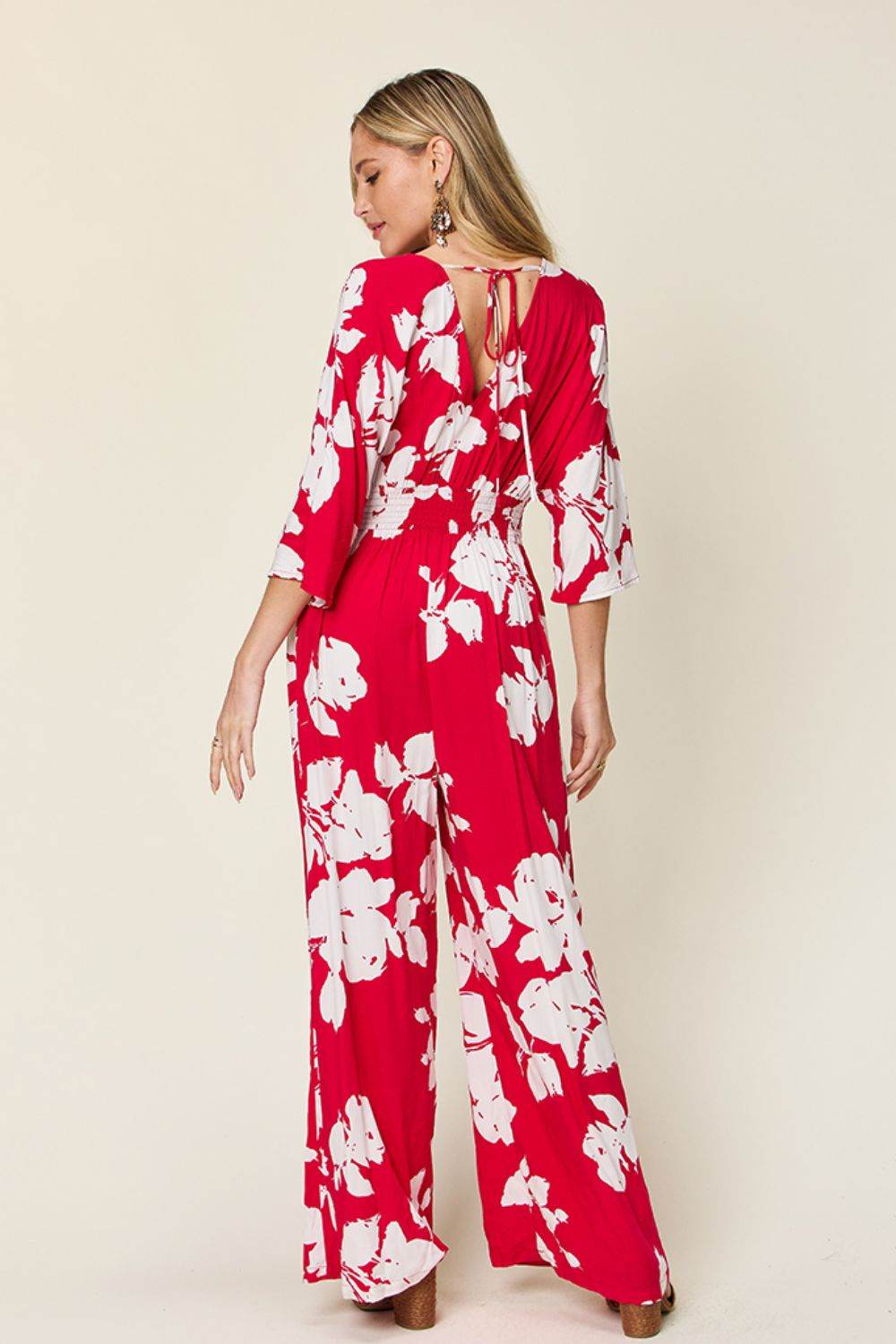 Double Take Full Size Printed Tie Back Wide Leg Jumpsuit - Delanoir