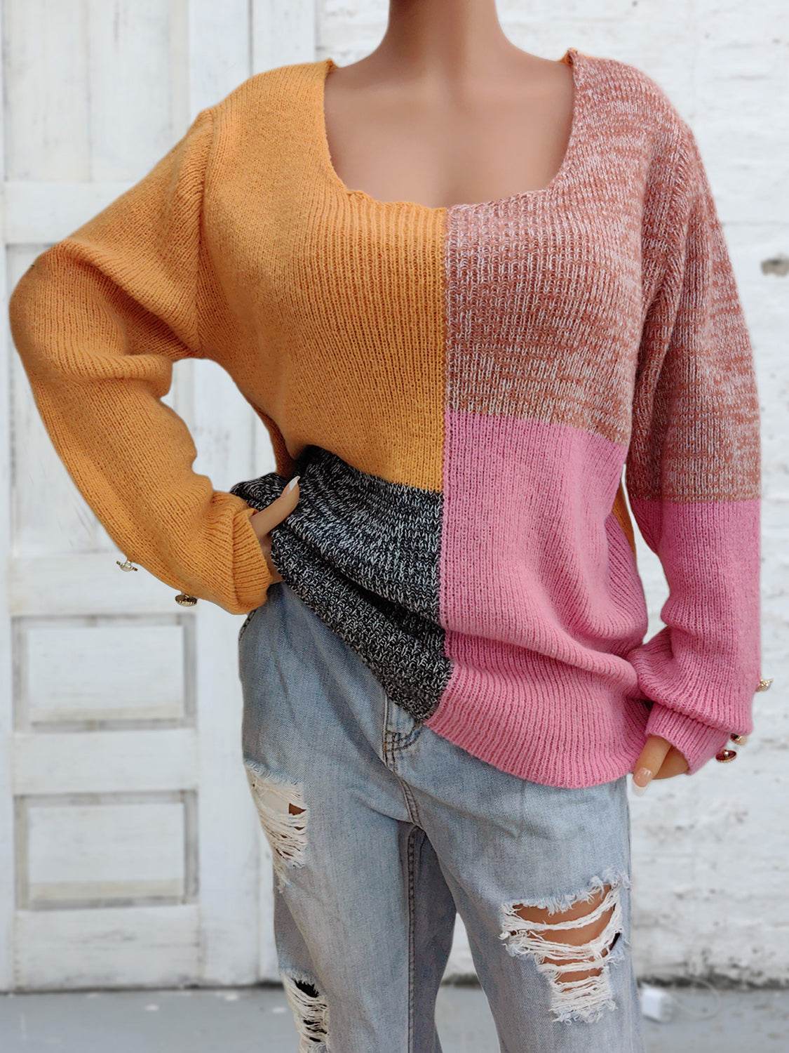 Color Block Decorative Button Long Sleeve Sweater - Delanoir