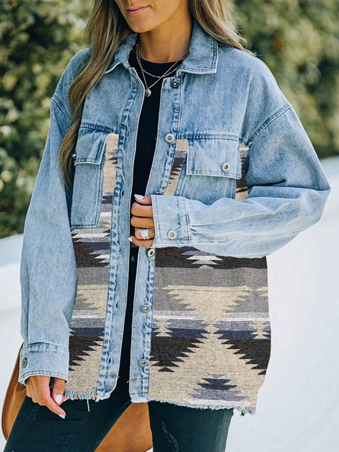 Collared Neck Dropped Shoulder Denim Jacket - Delanoir