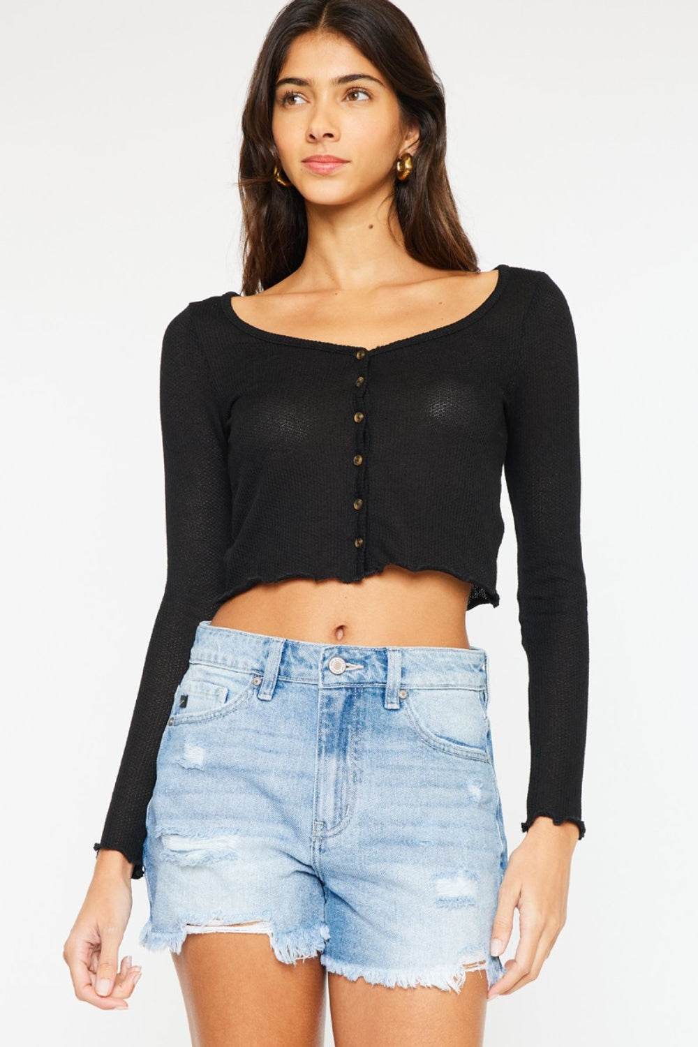 Kancan High Waist Frayed Denim Shorts - Delanoir