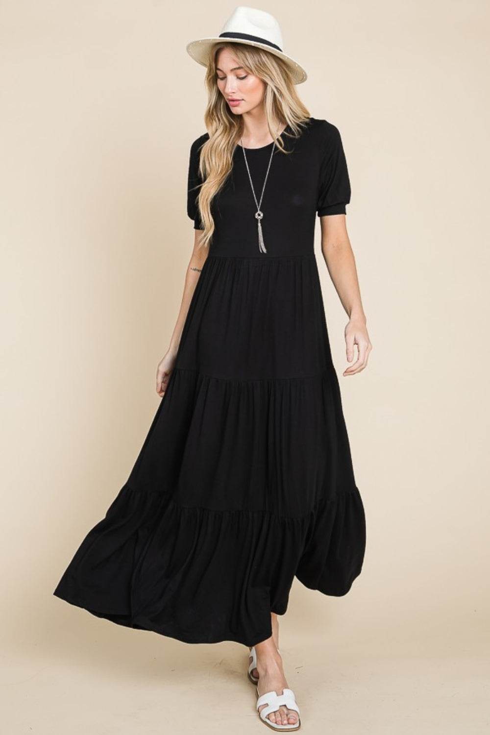 BOMBOM Short Sleeve Tiered Maxi Dress - Delanoir
