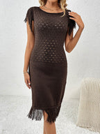 Fringe Openwork Boat Neck Knit Dress - Delanoir