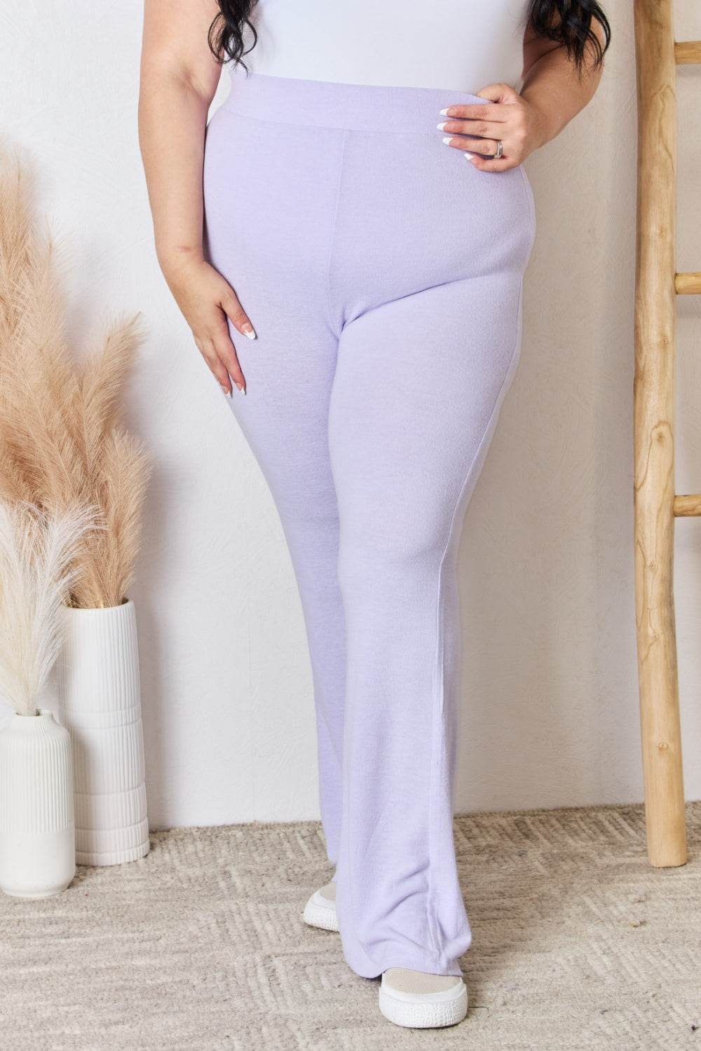 RISEN Full Size High Waist Ultra Soft Knit Flare Pants - Delanoir
