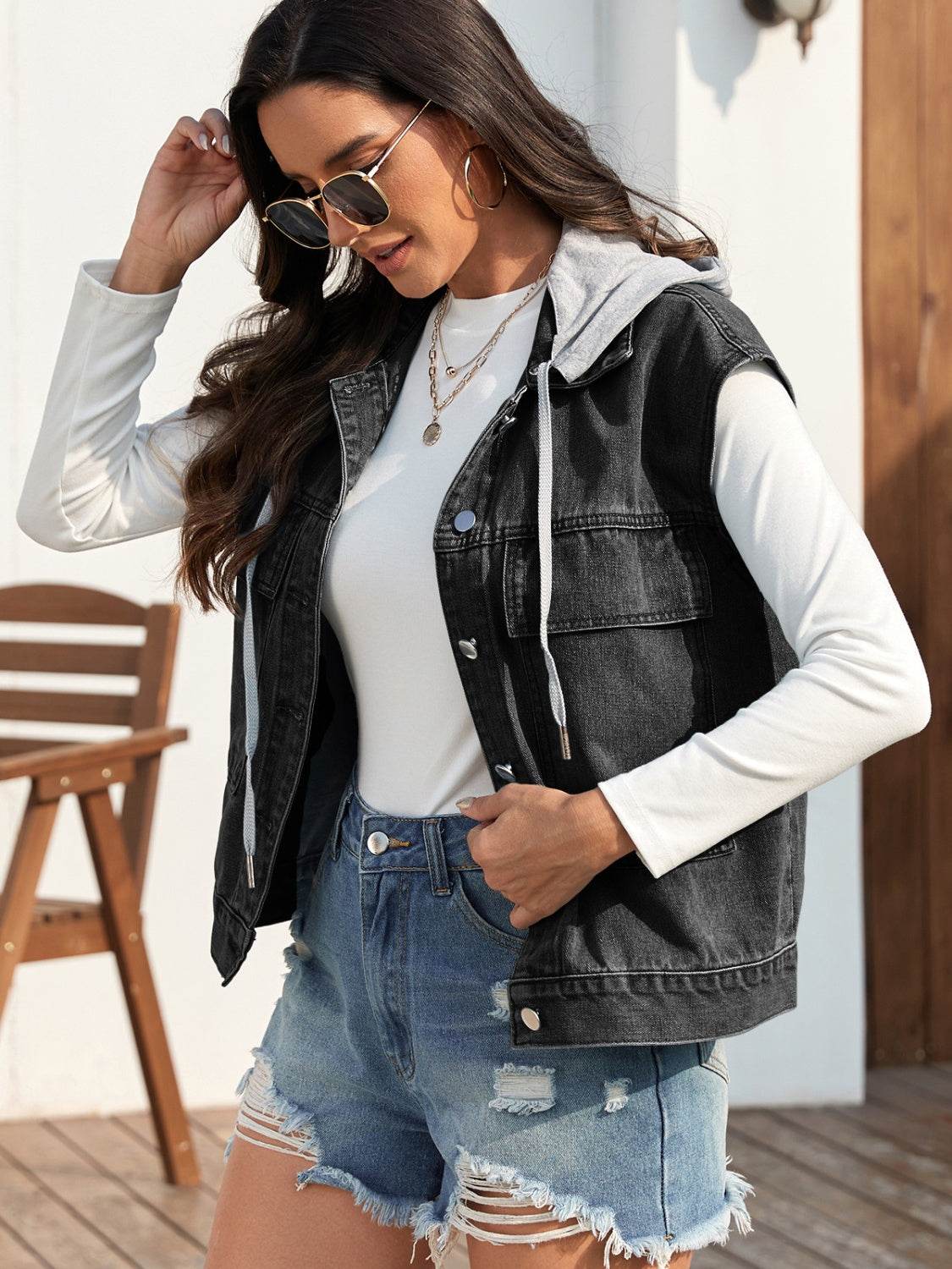 Drawstring Button Up Sleeveless Denim Jacket - Delanoir