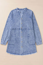 Raw Hem Button Down Long Sleeve Denim Dress - Delanoir