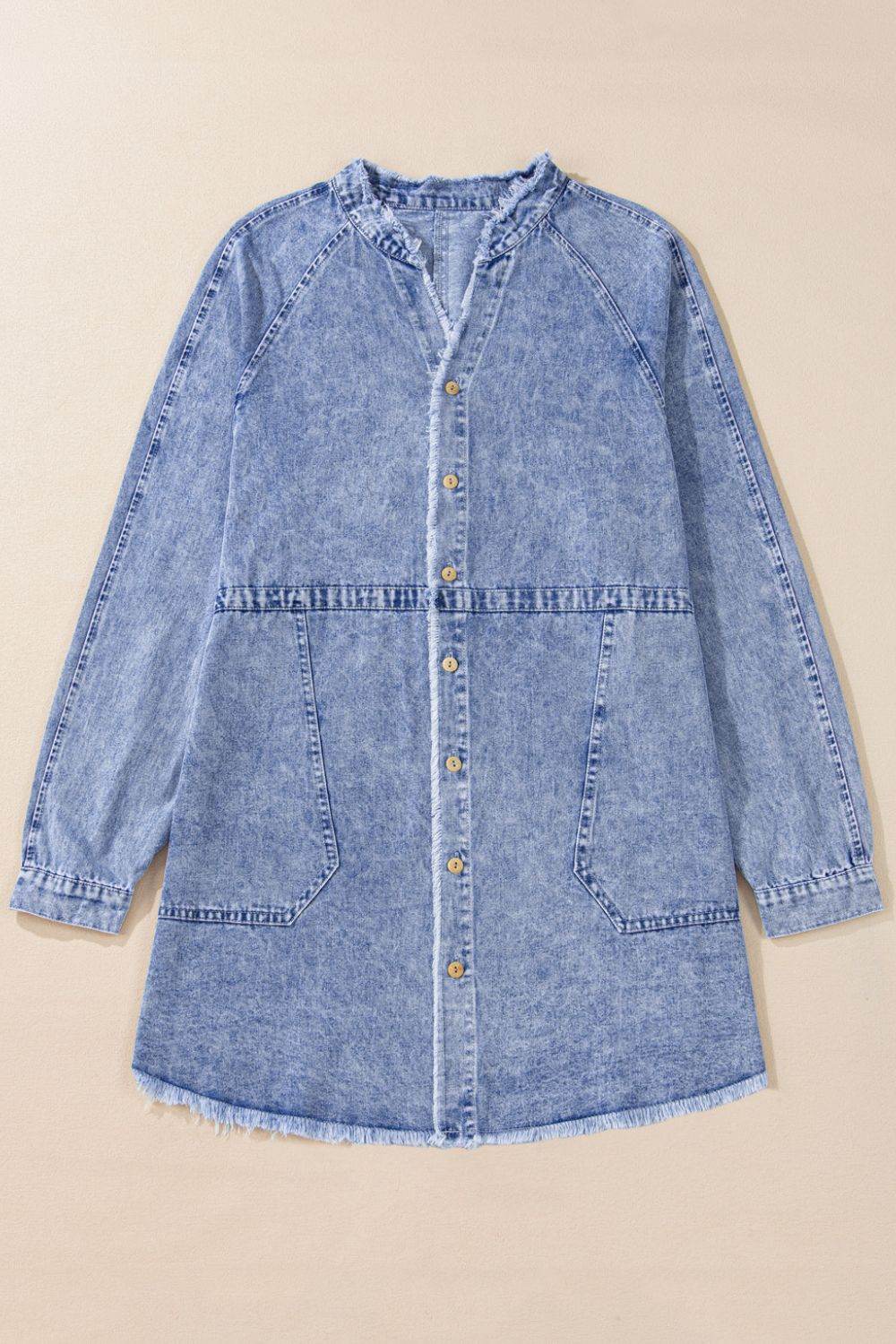 Raw Hem Button Down Long Sleeve Denim Dress - Delanoir