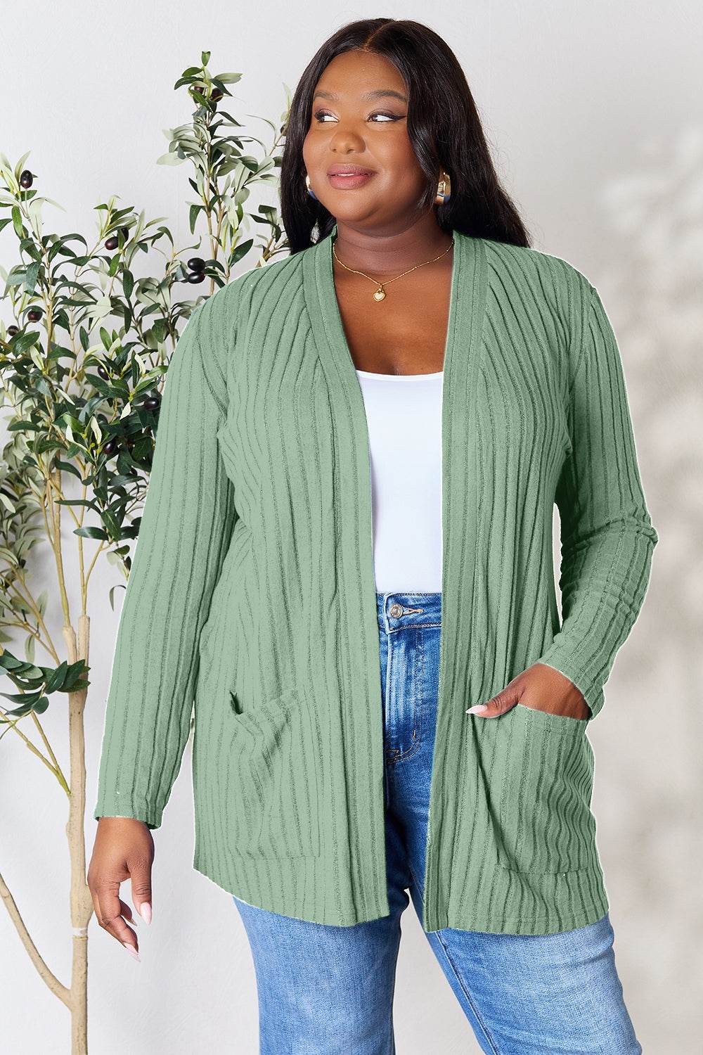 Basic Bae Full Size Ribbed Open Front Cardigan with Pockets - Delanoir