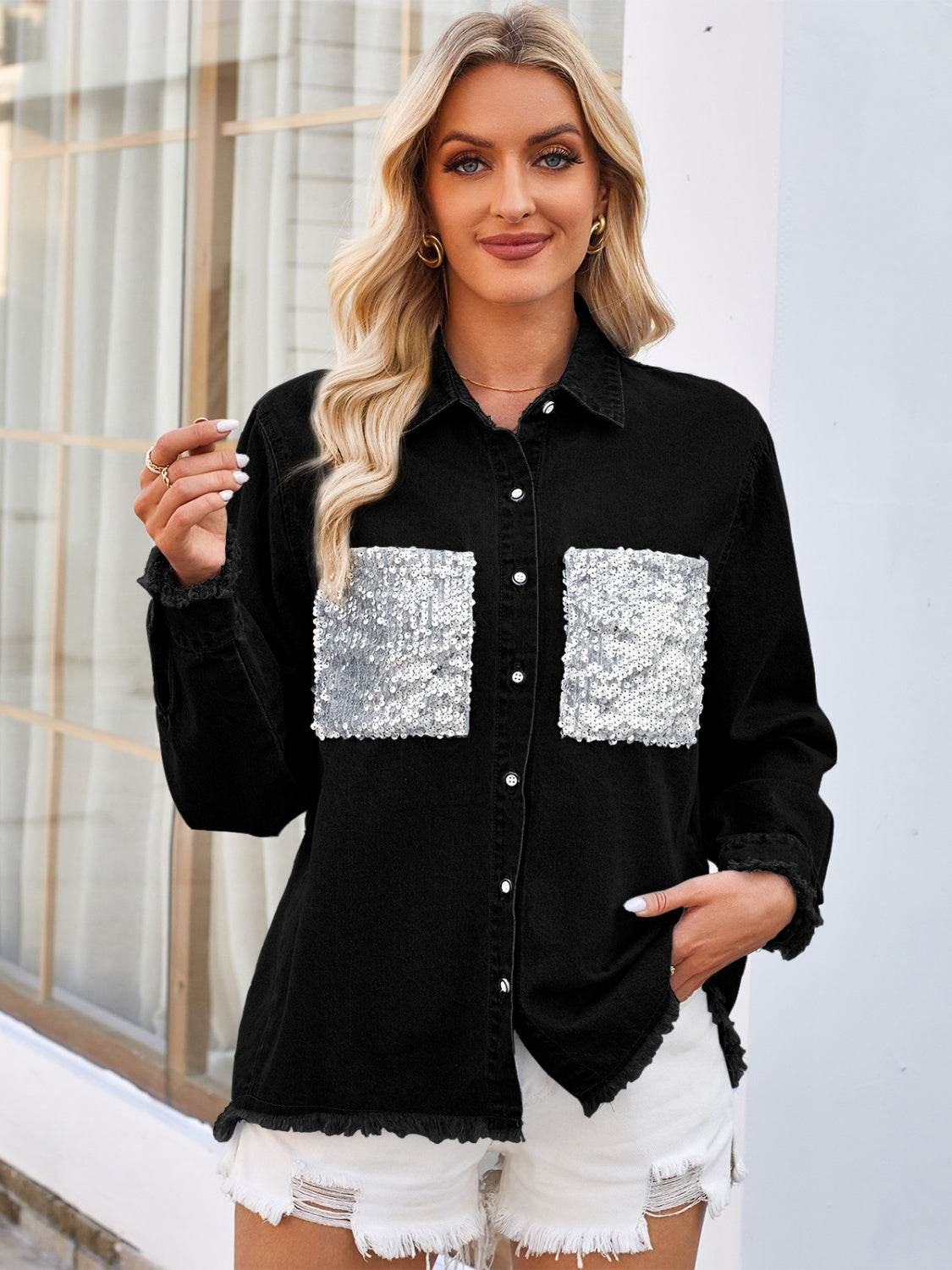 Raw Hem Button Up Long Sleeve Denim Jacket with Sequin Pockets - Delanoir
