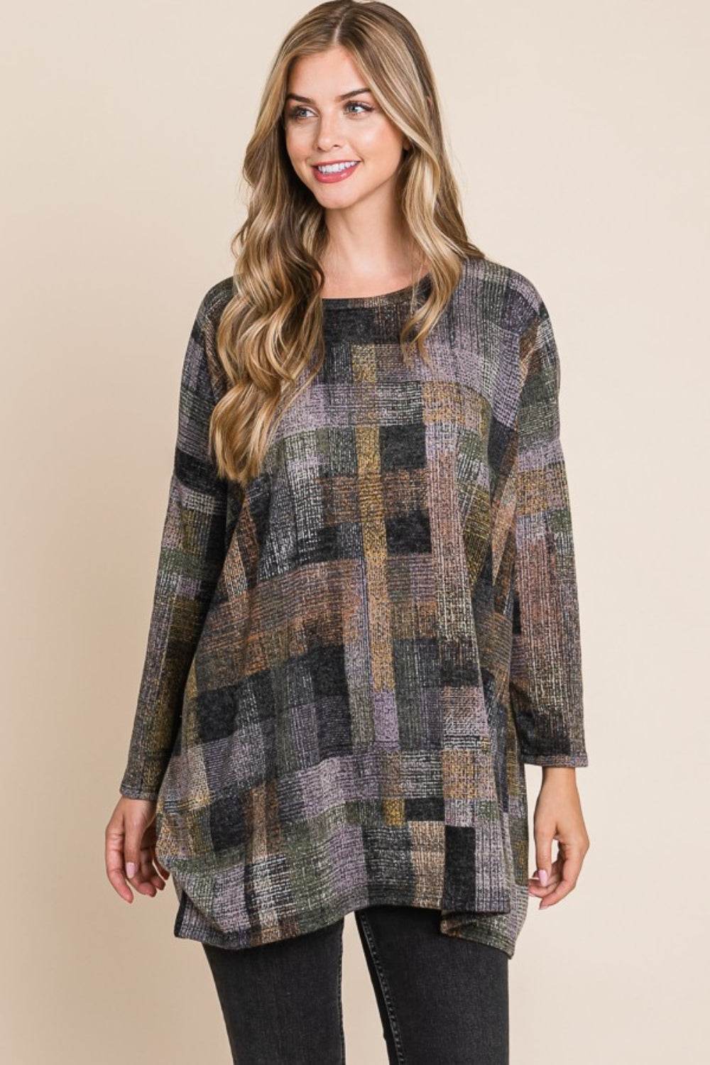 BOMBOM Plaid Round Neck Long Sleeve Top - Delanoir