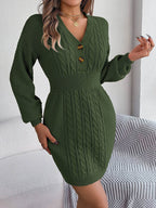 Buttoned Cable-Knit V-Neck Sweater Dress - Delanoir