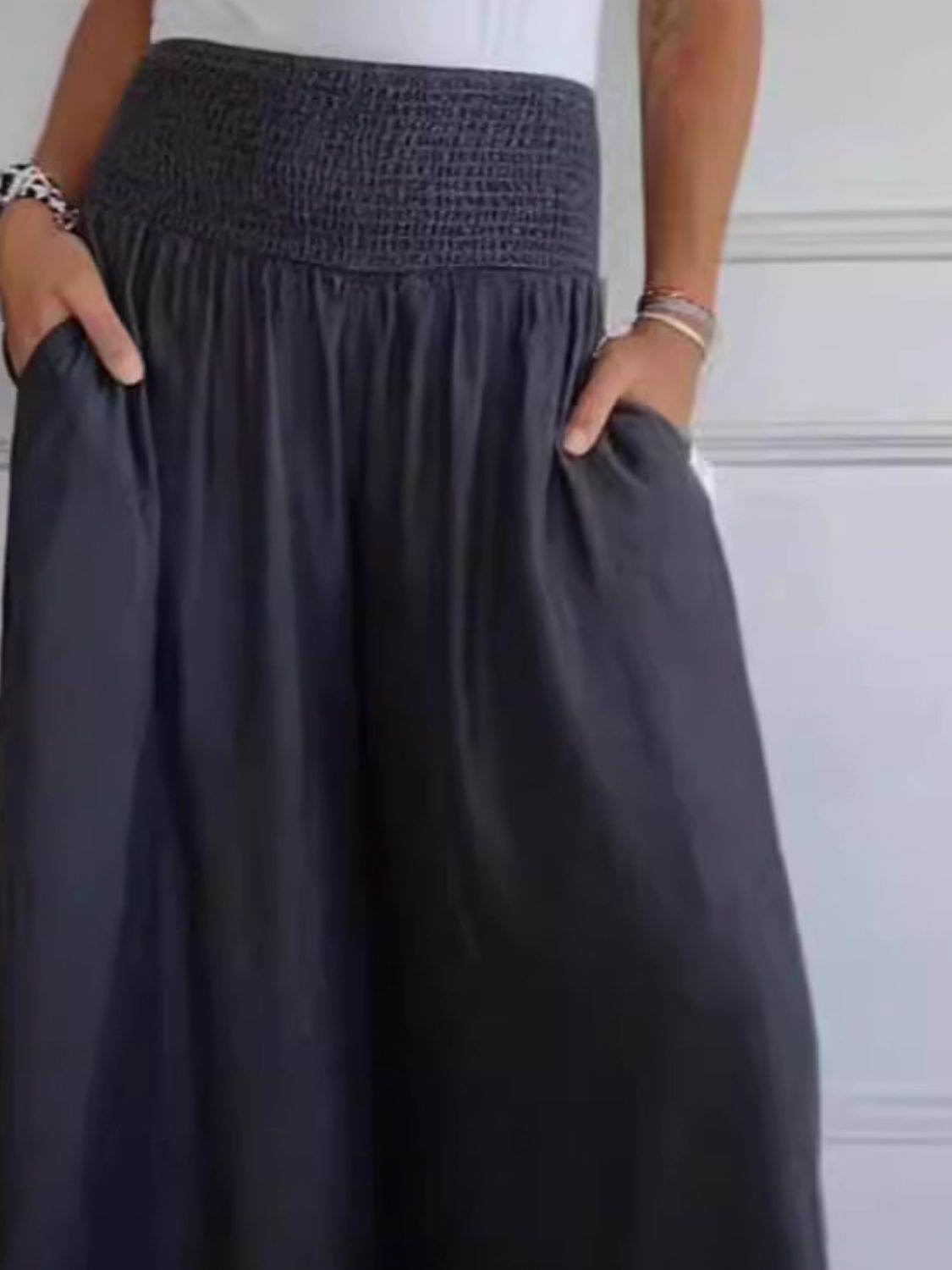 Full Size Smocked Wide Leg Pants with Pockets - Delanoir