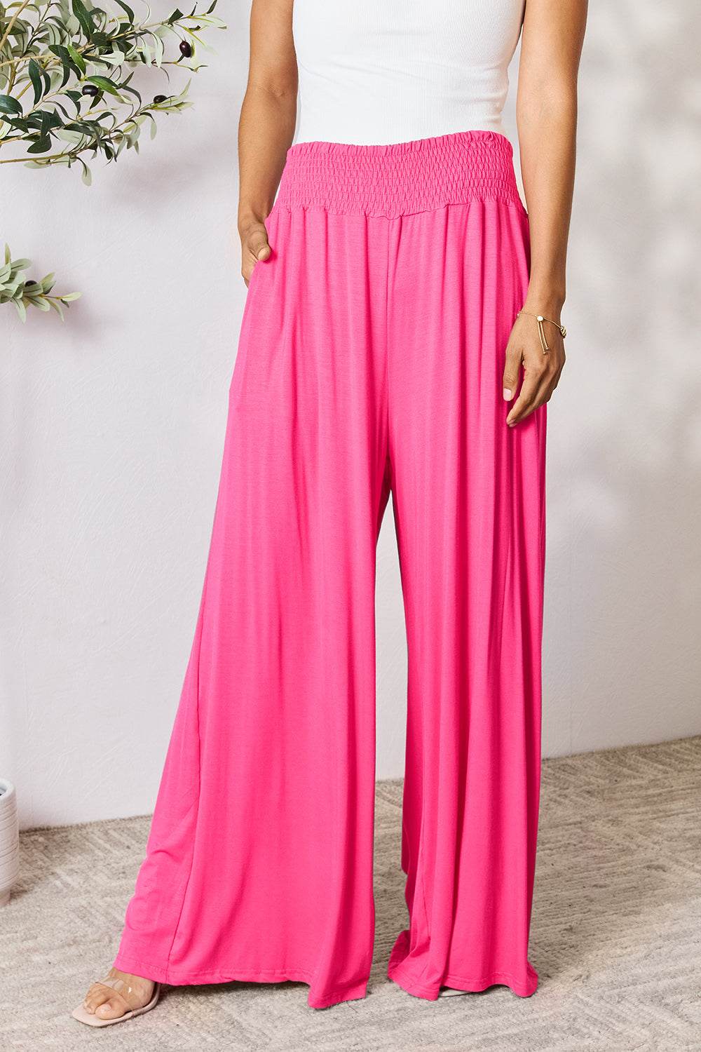 Double Take Full Size Smocked Wide Waistband Wide Leg Pants - Delanoir