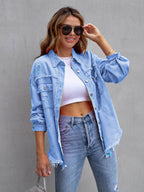 Distressed Drop Shoulder Denim Jacket - Delanoir