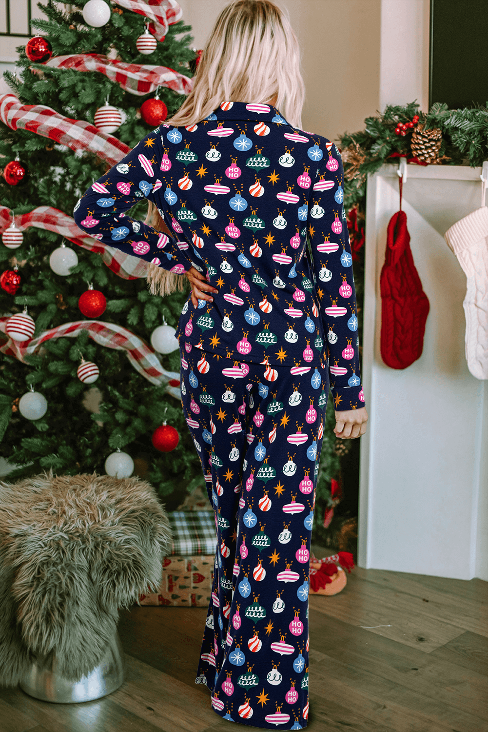 Christmas Lights Print Collared Neck Top and Pants Set - Delanoir