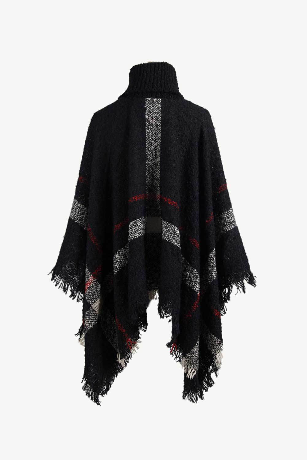 Plaid Turtleneck Raw Hem Poncho - Delanoir