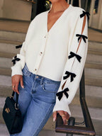Bow V-Neck Cutout Sleeve Cardigan - Delanoir