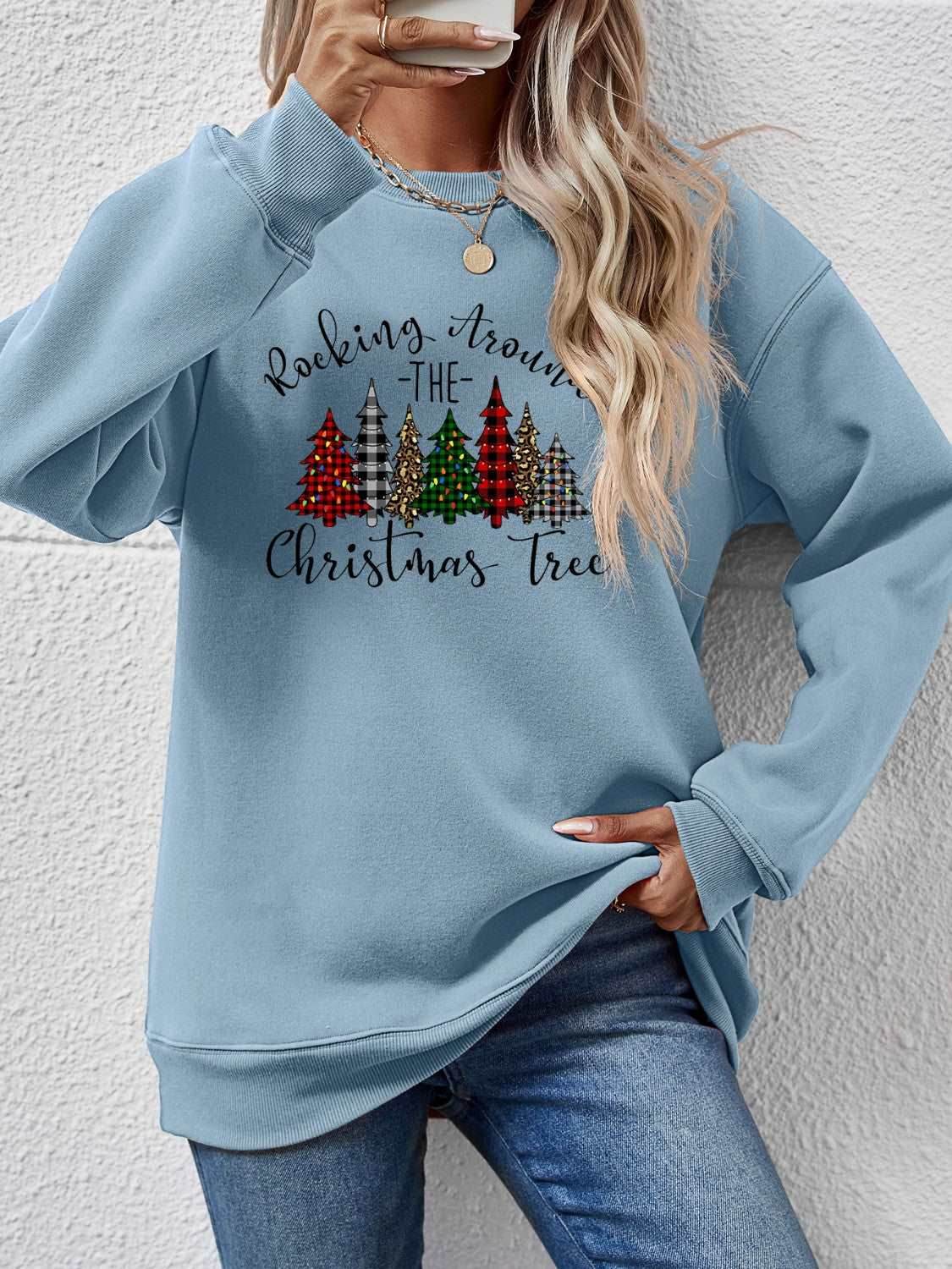Christmas Tree Graphic Round Neck Sweatshirt - Delanoir