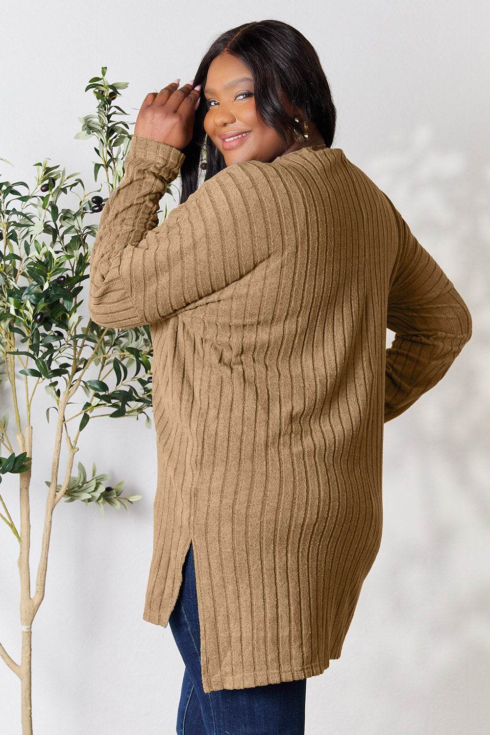 Basic Bae Full Size Ribbed Round Neck Long Sleeve Slit Top - Delanoir