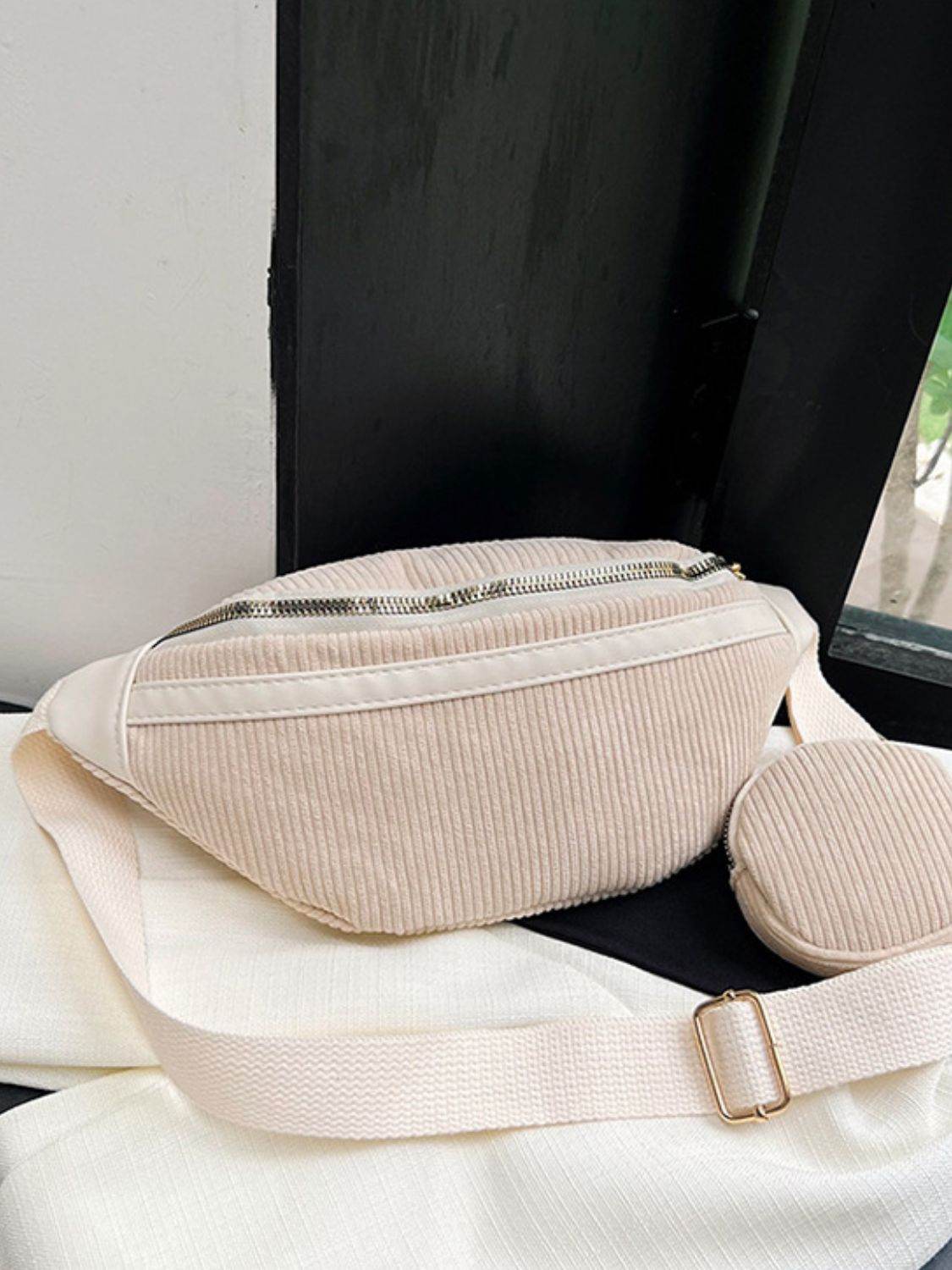Corduroy Adjustable Strap Crossbody Bag with Pouch - Delanoir