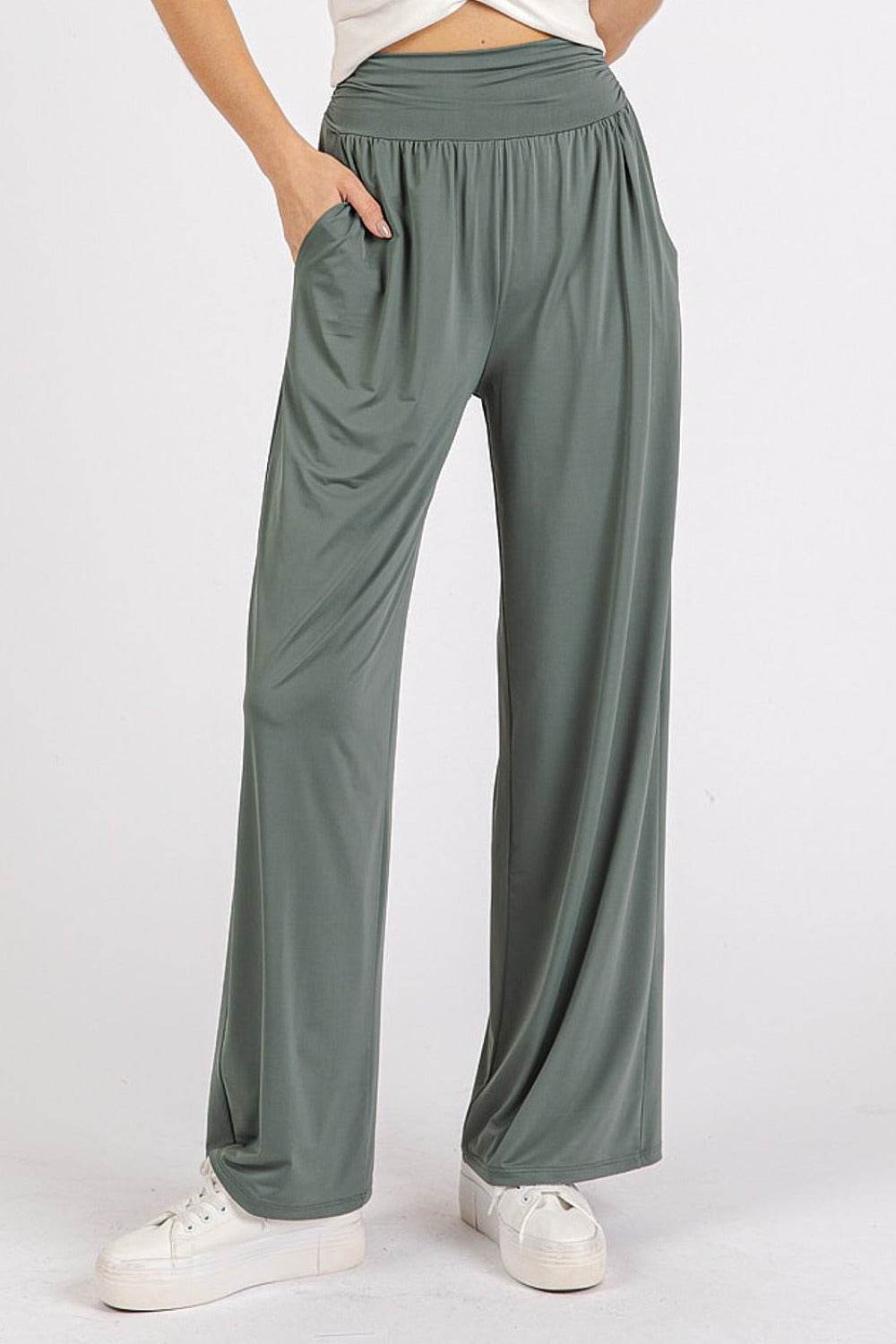 Mittoshop Stretch Banded Waist Wide Leg Pants with Pockets - Delanoir