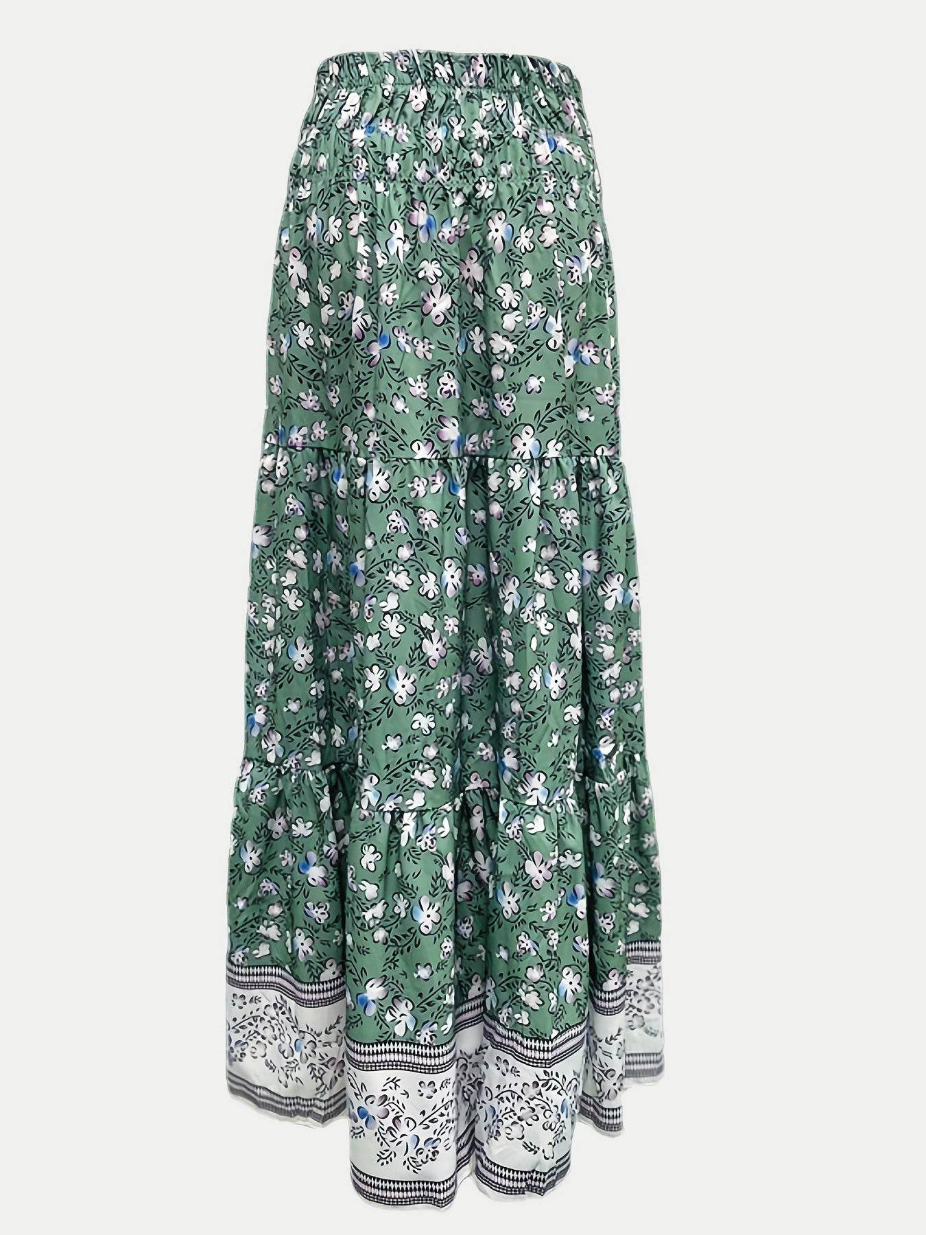 Full Size Tiered Printed Elastic Waist Skirt - Delanoir