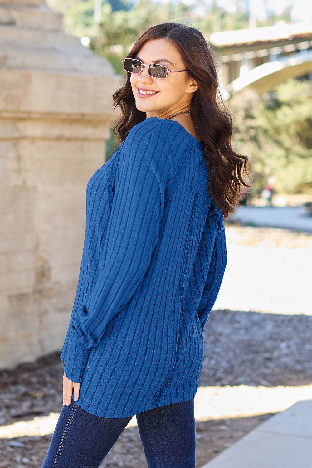 Basic Bae Full Size Ribbed Round Neck Long Sleeve Knit Top - Delanoir