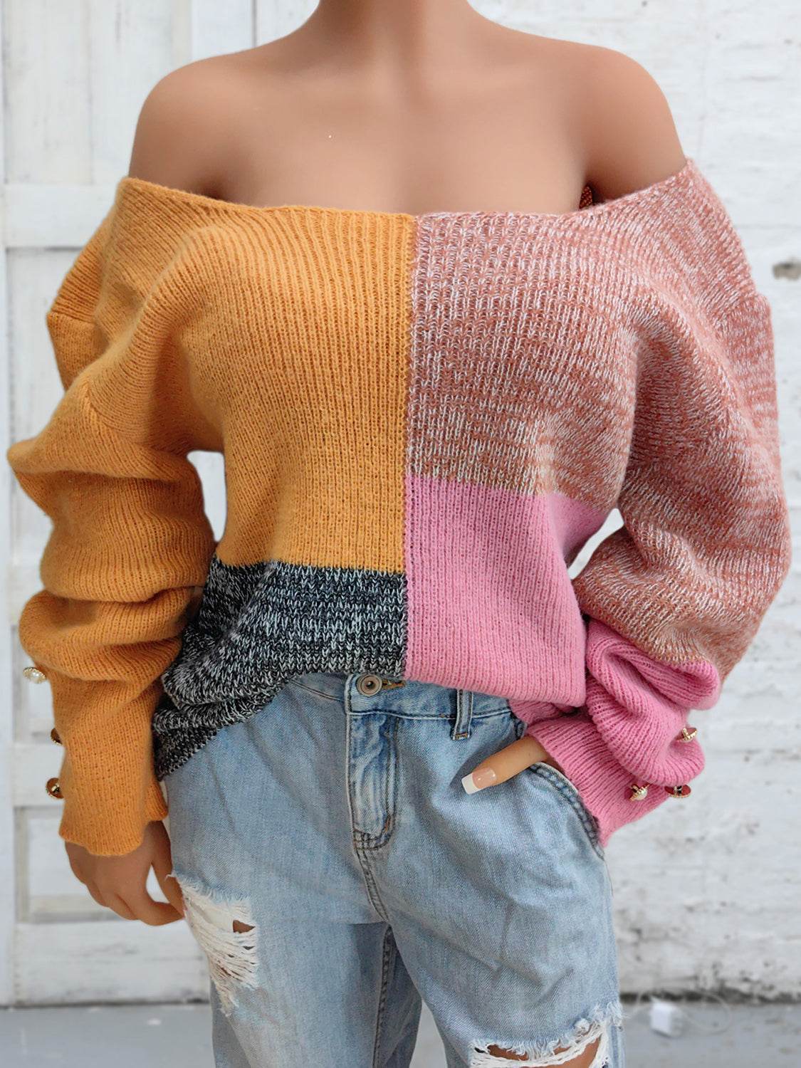 Color Block Decorative Button Long Sleeve Sweater - Delanoir
