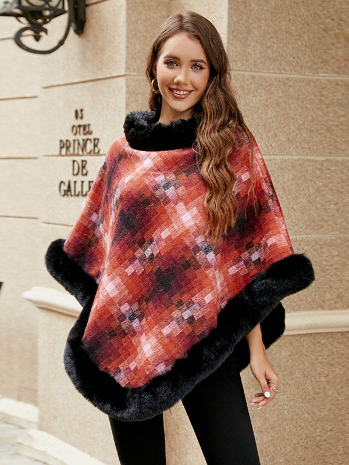 Faux Fur Trim Poncho - Delanoir
