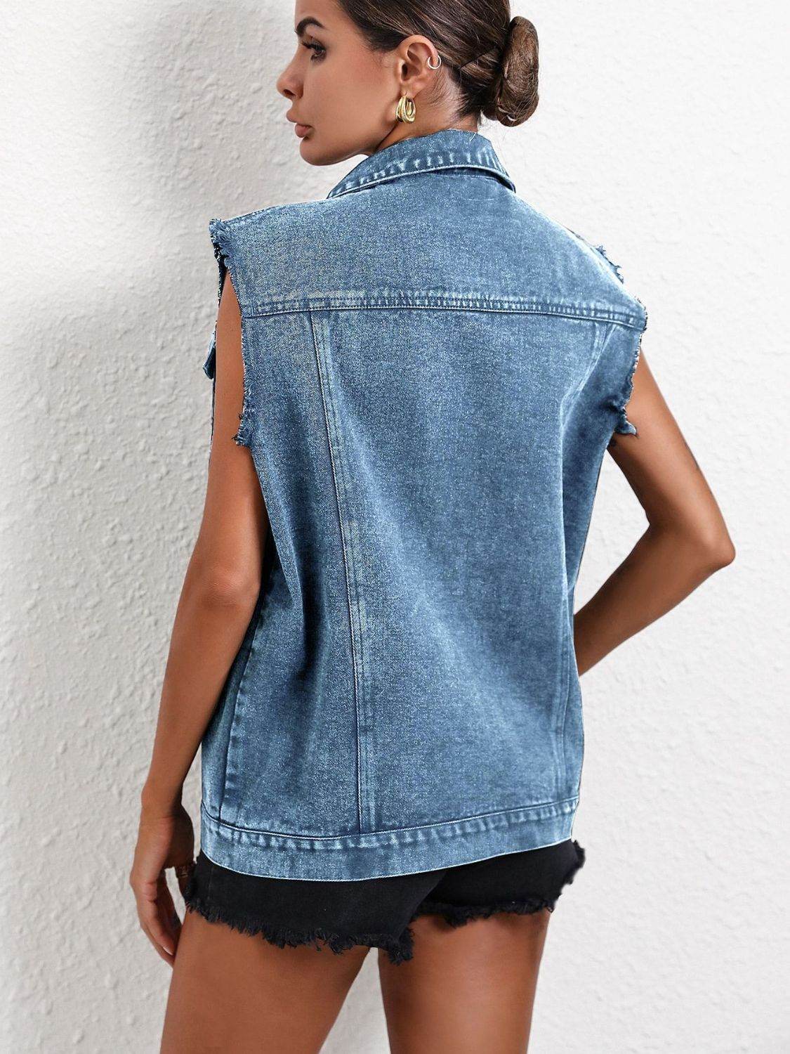 Pocketed Collared Neck Sleeveless Denim Top - Delanoir
