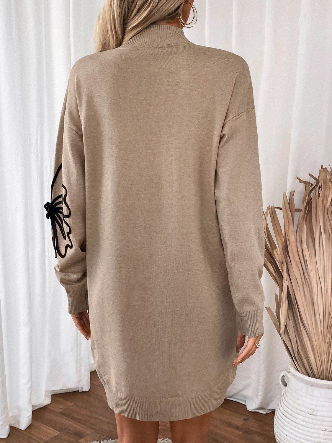 Perfee Flower Mock Neck Long Sleeve Sweater Dress - Delanoir