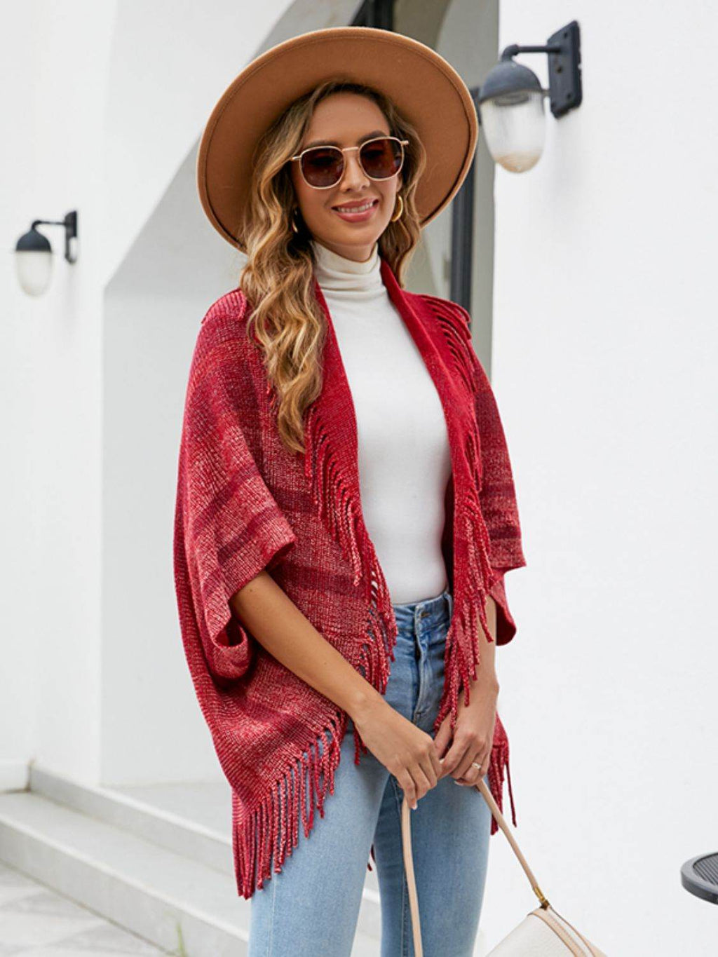 Fringe Detail Open Front Poncho - Delanoir