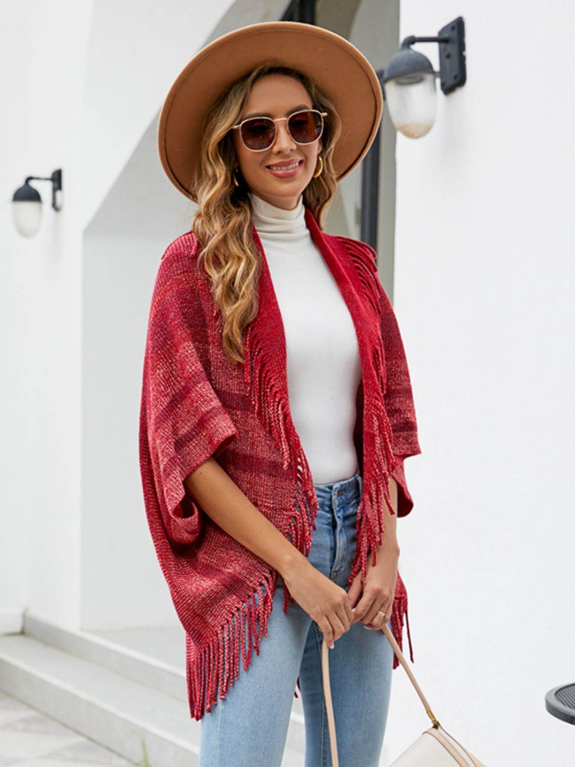 Fringe Detail Open Front Poncho - Delanoir