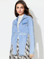 Asymmetric Slit Collared Neck Long Denim Top - Delanoir