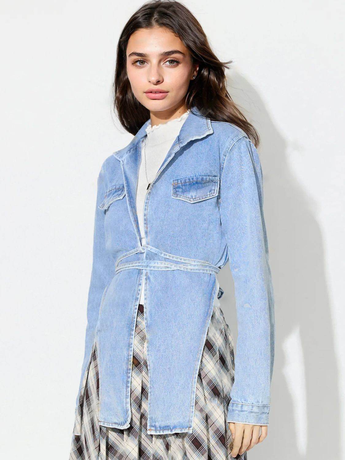 Asymmetric Slit Collared Neck Long Denim Top - Delanoir