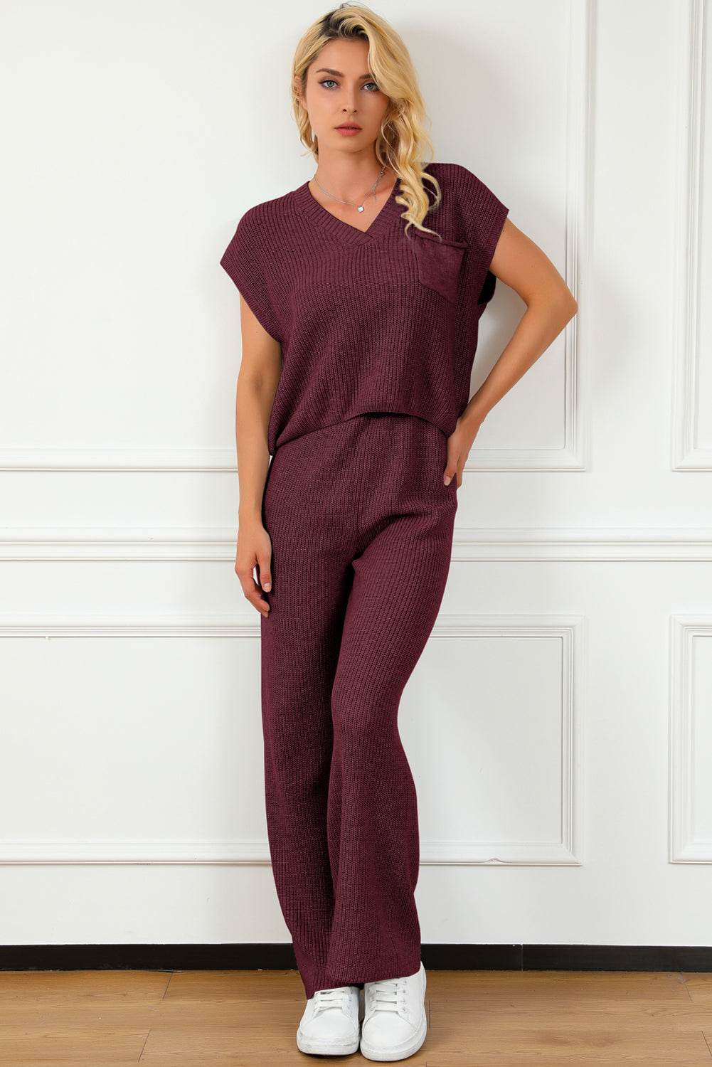 Pocketed V-Neck Top and Wide Leg Sweater Set - Delanoir