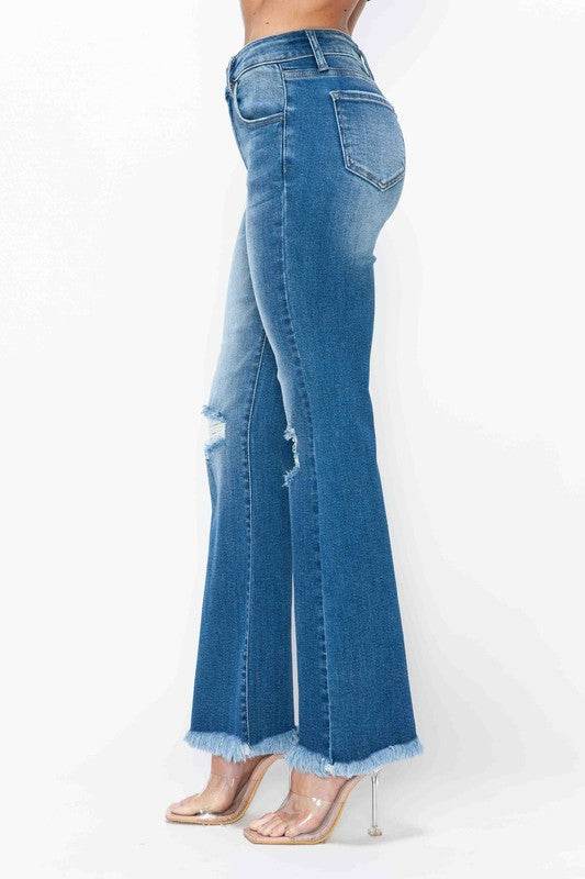 bytos Full Size Raw Hem Distressed High Rise Bootcut Jeans - Delanoir