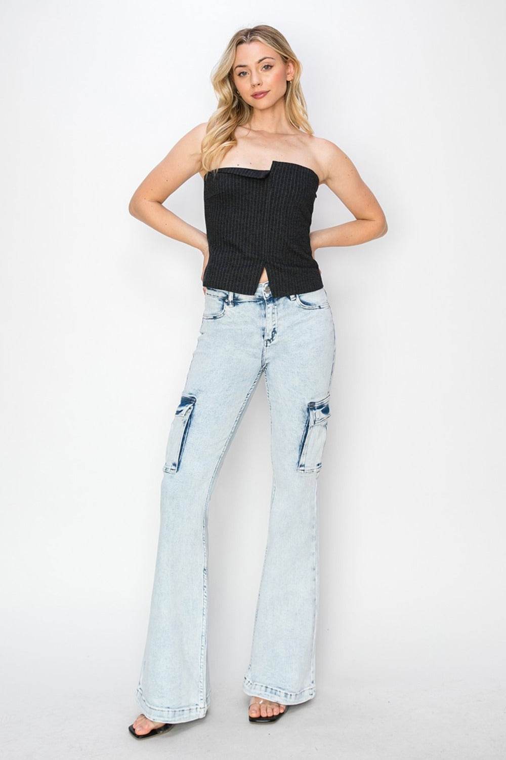 RISEN Full Size High Rise Cargo Flare Jeans - Delanoir