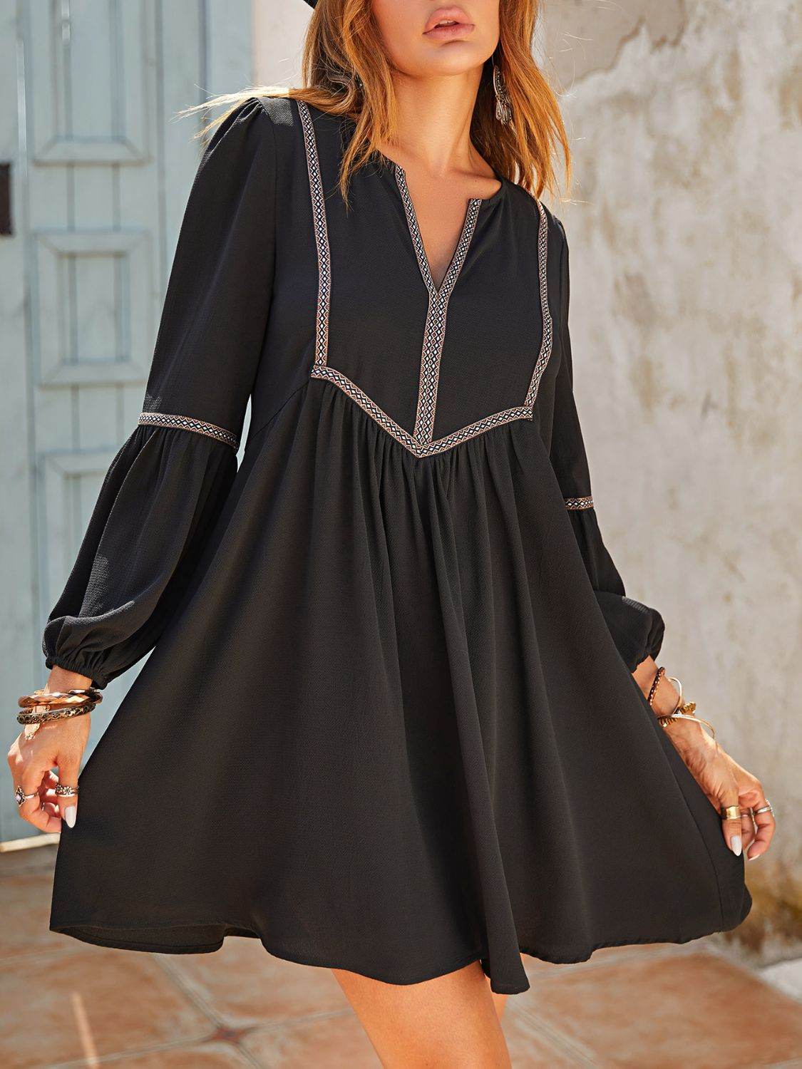 Ruched Notched Long Sleeve Mini Dress - Delanoir