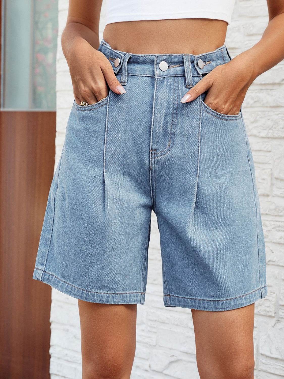 High Waist Denim Shorts with Pockets - Delanoir