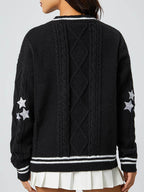 Star Embroidered V-Neck Long Sleeve Cardigan - Delanoir