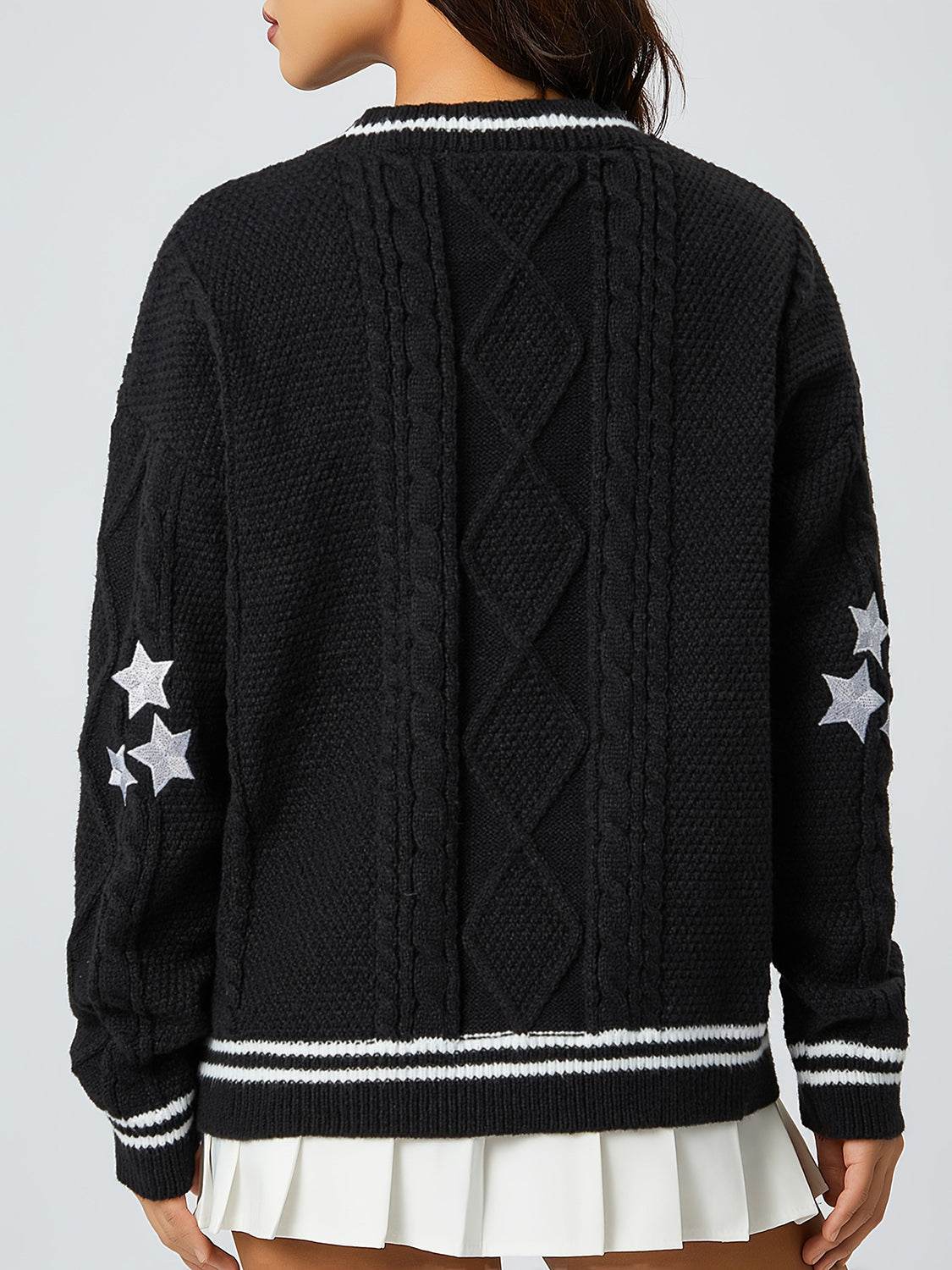 Star Embroidered V-Neck Long Sleeve Cardigan - Delanoir