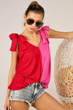 BiBi Shoulder Ribbon Tied Contrast Tank - Delanoir