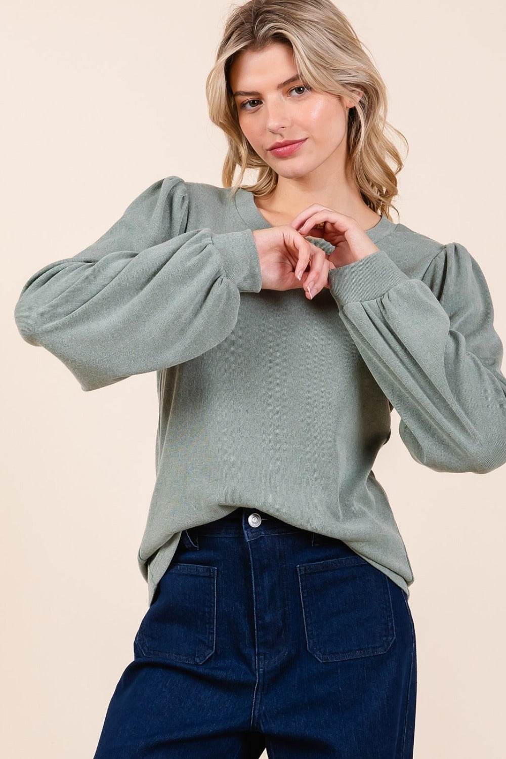 Mittoshop Round Neck Long Sleeve Rib Knit Top - Delanoir